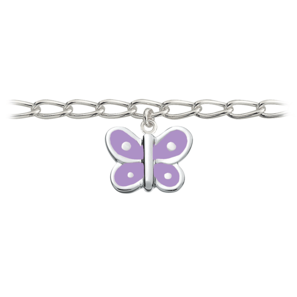 Silberarmband Schmetterling mit violetter bleifreier Emaille. Es gibt 1 Charm auf dem Armband.