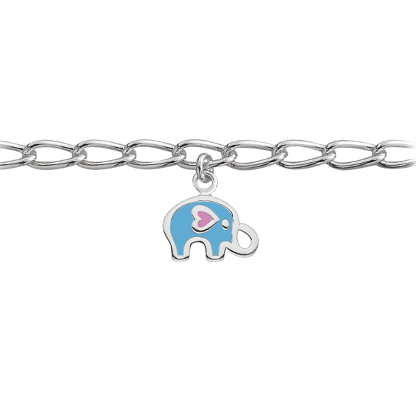 Silbernes Armband Elefant mit Herz in hellblauer und rosafarbener bleifreier Emaille.