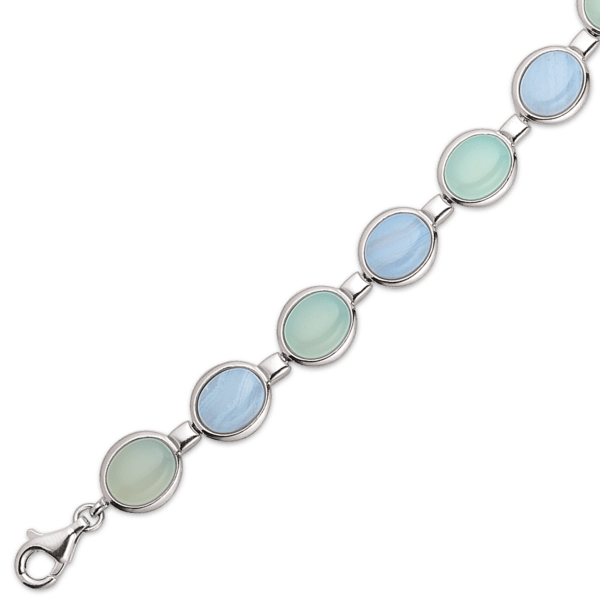 Silberarmband rhodiniert oval mit blauem Spitzenachat und Aquaachat. Länge 18,5cm.