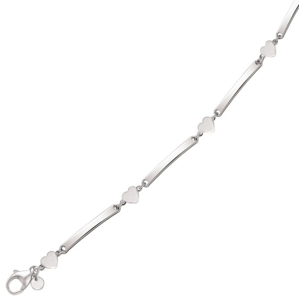 Silberarmband rhodiniert 5 längliche Plättchen mit Herzen dazwischen.