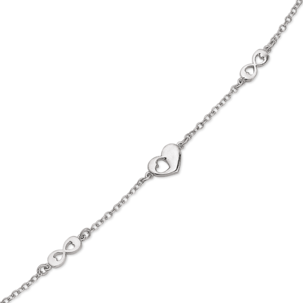 Silbernes Armband mit 1 Herz in der Mitte und 1 Ewigkeitszeichen auf jeder Seite des Herzens.