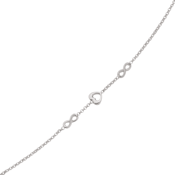 Silberarmband rhodiniert 2 Ewigkeitszeichen und 1 Herz an Kette. Länge 15,4cm.