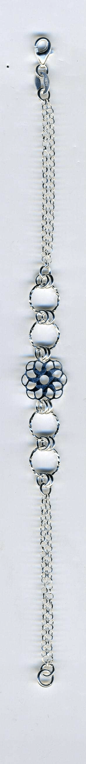 Silberarmband 1 facettierte Blume mit 2 Ringen auf jeder Seite 17+4 cm