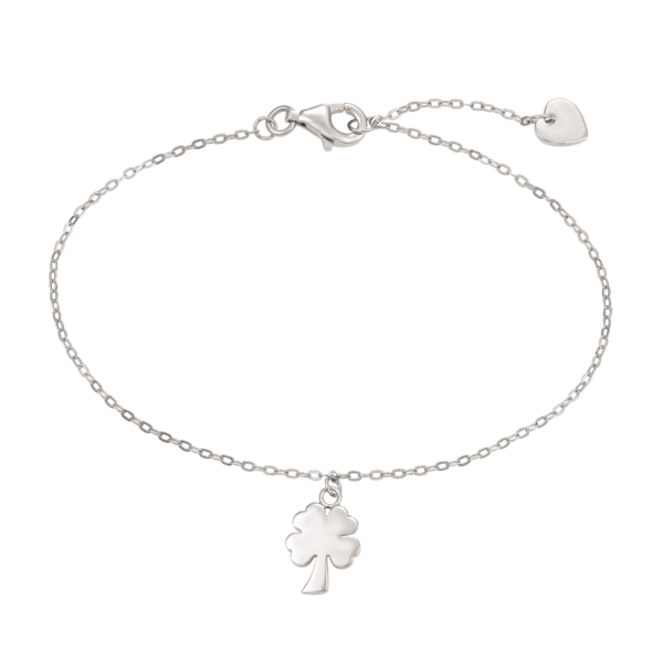 Vierblättriges Kleeblatt Silberarmband, an Kette mit Herz. Länge 17+2 cm