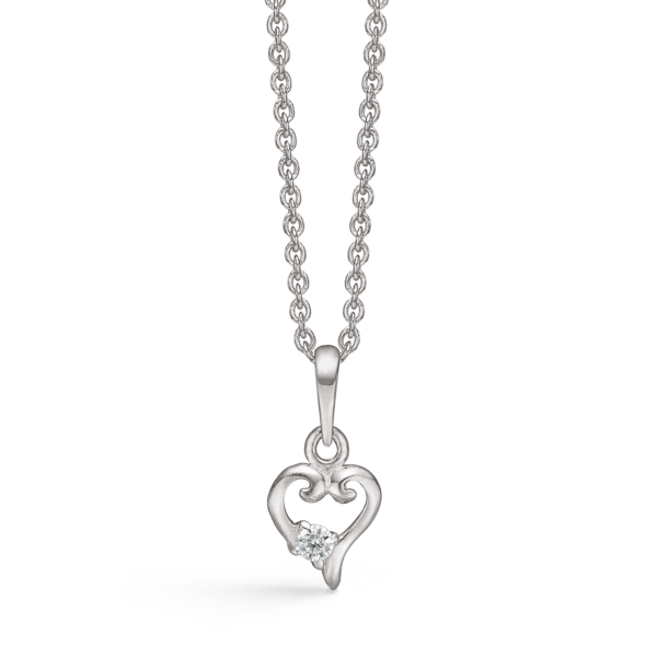 Silberhalskette krummes Herz mit Zirkonia am unteren Rand. Die Kette ist 42-45 cm lang.