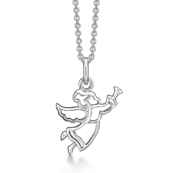 Silberhalskette rhodinierter Engel mit Trompete. Die Kette ist 42-45 cm lang.