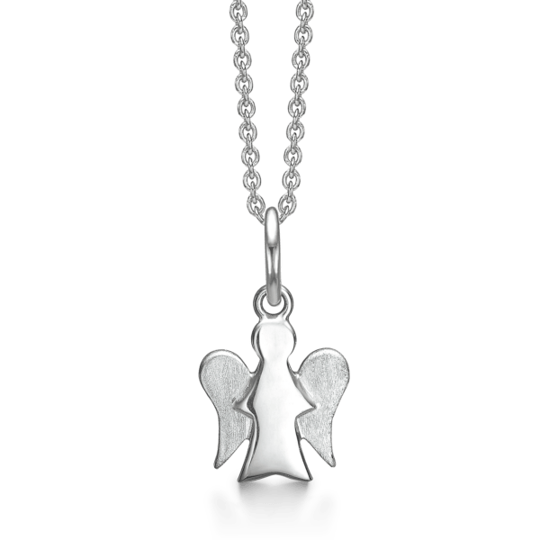 Silberkette rhodinierter Engel. Abmessungen: 16 x 12 mm. Die Kette ist 42-45 cm lang.