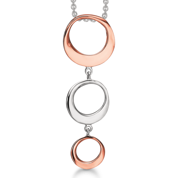 Silberkette rhodiniert/rosévergoldet 3 gedrehte Kreise. Die Kette ist 42-45 cm lang.