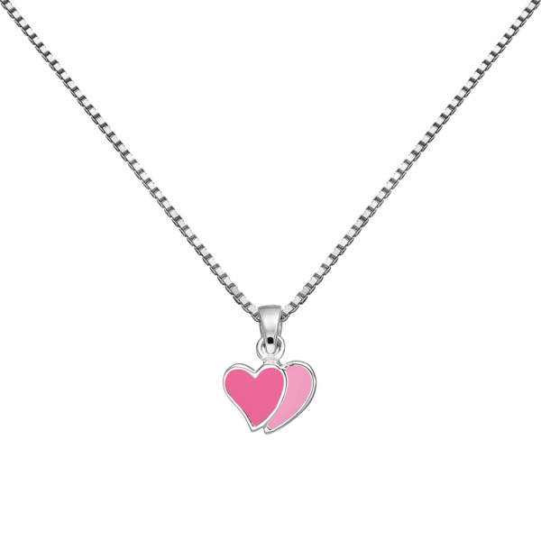 Silberkette 2-farbiges Doppelherz mit rosa und rosa bleifreier Emaille 36 cm.