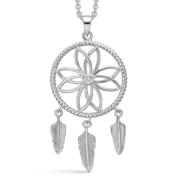 Silberkette rhodinierter Traumfänger mit facettiertem Zirkonia.