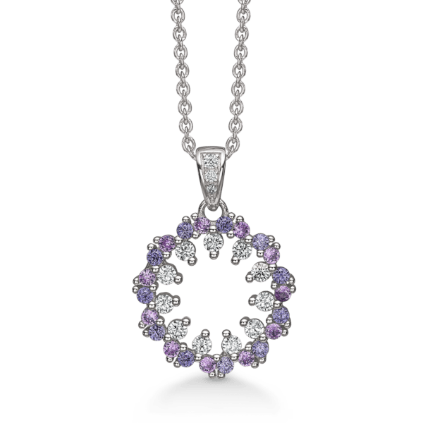 Silberkette rhodinierter Kreis mit Zirkonia am inneren Rand und rosa und lila am äußeren Rand