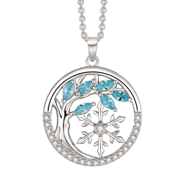 Lebensbaum Kette Silber mit blauem Aquamarin und weißen Zirkoniasteinen