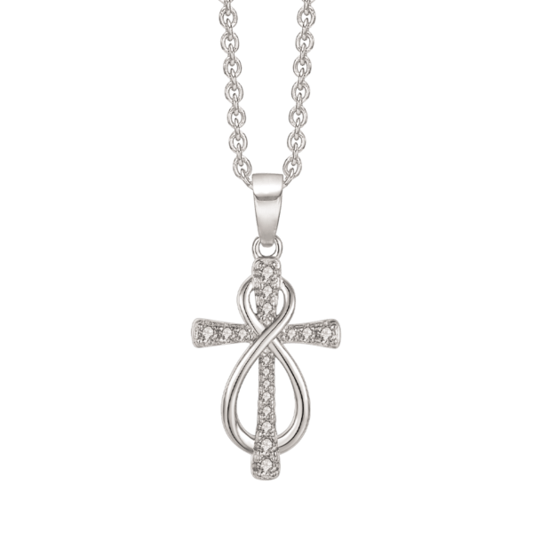 Kreuz-Silberhalskette, mit Zirkonia-Steinen und Ewigkeitszeichen. Abmessungen: 21 x 14 x 3,11 mm