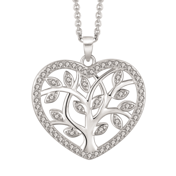 Lebensbaum Kette Silber mit Herz und Zirkoniasteinen. Abmessungen: 20 x 22 x 2,8 mm