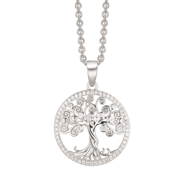 Lebensbaum Kette Silber im Kreis mit Zirkonia am Rand