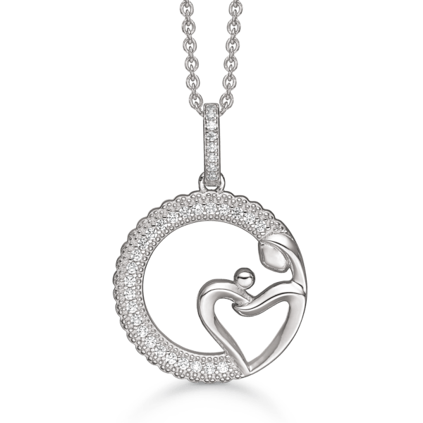Mutter-Kind-Halskette Silber mit Kreis und Herz mit Zirkonia-Steinen