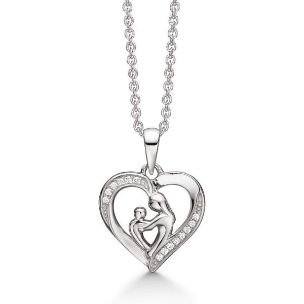 Mutter-Kind-Halskette Silber mit Herz und facettiertem Zirkonia-Stein
