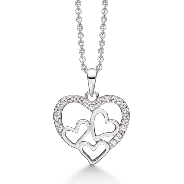 Silberne Herzkette mit facettiertem Zirkonia am Rand mit 3 glatten Herzen im Inneren