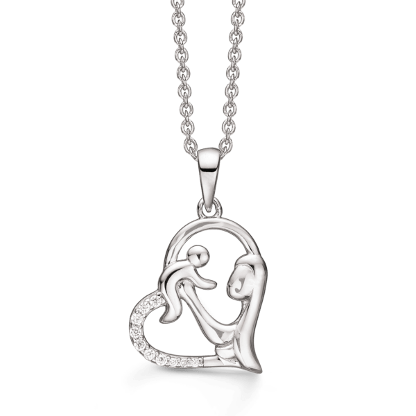 Mutter-Kind-Halskette mit Herz in Silber, mit facettierten Zirkonia-Steinen