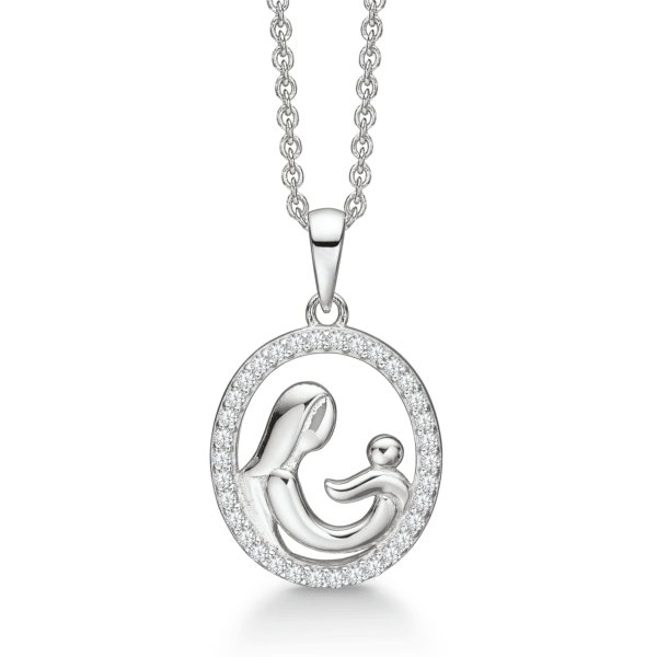 Mutter-Kind-Halskette Silber oval mit Zirkonia-Steinen