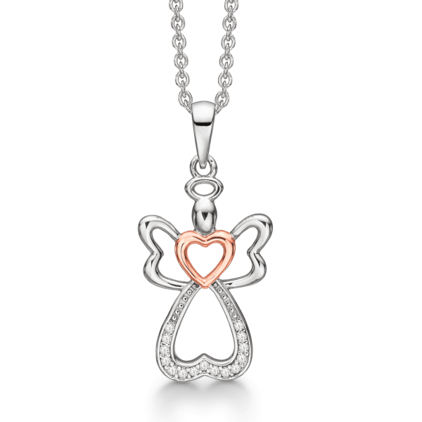 Silberkette rhodinierter Engel mit facettiertem Zirkonia und rosévergoldetem Herz