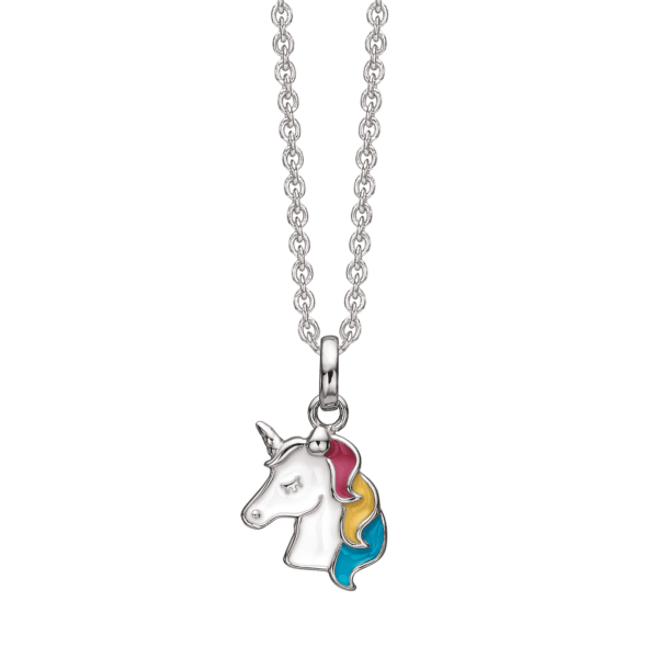 Einhornkette silber Weiß mit rosa, blau und gelb