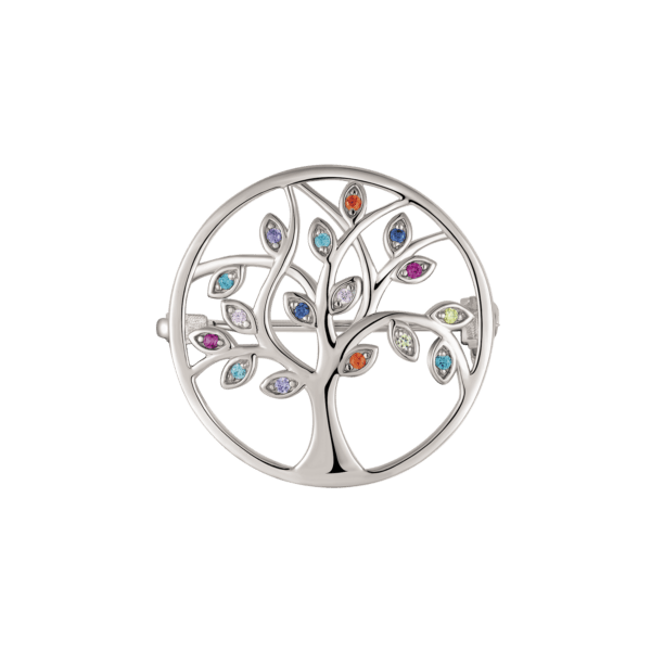 Silberbrosche Lebensbaum im Kreis mit synthetischem Zirkonia in verschiedenen Farben