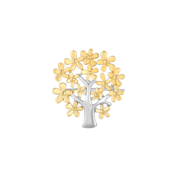 Silberne Brosche und vergoldeter Lebensbaum, goldfarbene Blätter und glänzender Stamm