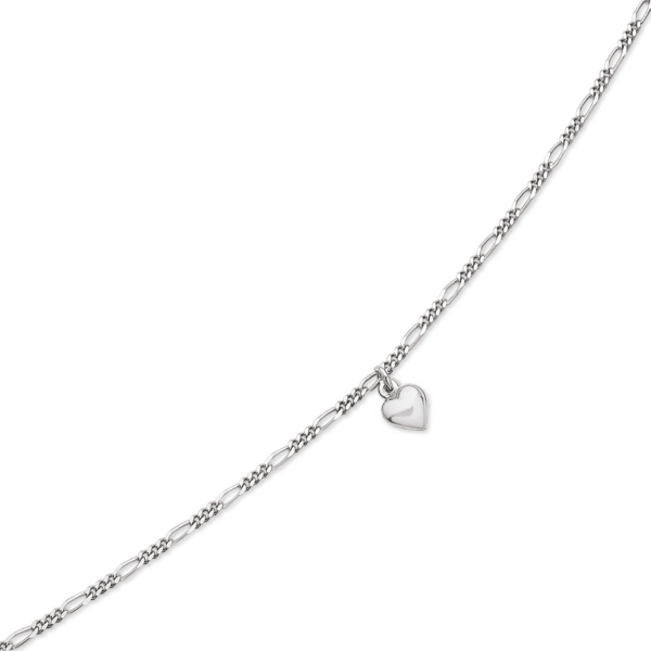 Silberne Fußkette rhodinierte Figarokette mit einem Herzanhänger in der Mitte