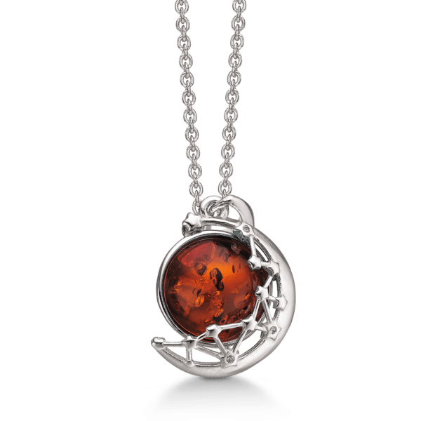 Bernsteinkette Mond mit Sternen in Silber 42-45 cm