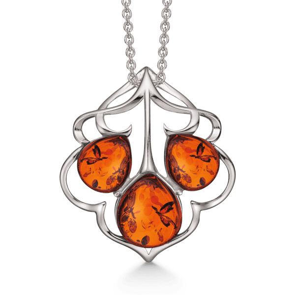 Bernsteinkette mit 3 Tropfen in Silber mit Muster 42-45 cm