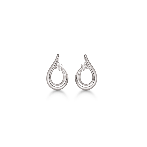 Silberner Ohrring mit rhodinierter Schleife glänzend mit Diamant an der Spitze.