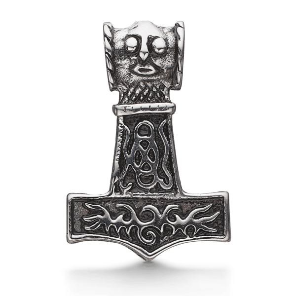 Thorshammer Mjølner Anhänger Stahl mit Kopf und Spiralen Maße 25 x 38 mm.
