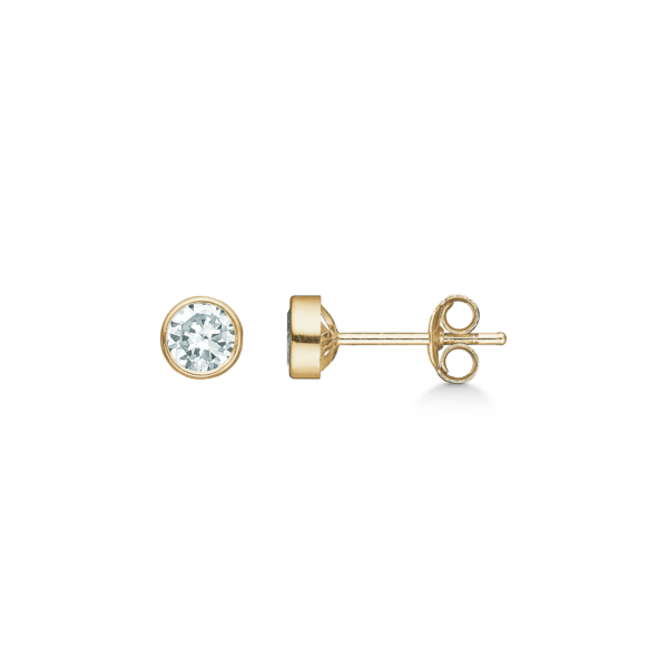 8kt. goldene Ohrstecker 5 mm facettierter Zirkonia in Röhrenfassung.