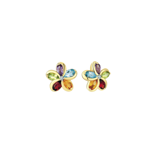 Ohrstecker aus 8 kt Gold Blume mit Amethyst, blauem Topas, Citrin, Granat, Peridot und Zirkonia