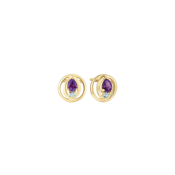 Ohrringe aus 8 kt Gold mit rundem Amethyst und blauem Topas