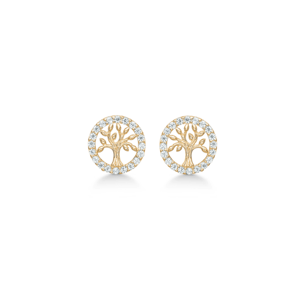 Arkandi Lebensbaum Ohrstecker aus 8 Karat Gold mit Zirkoniasteinen – 7,72 x 7,72 mm.