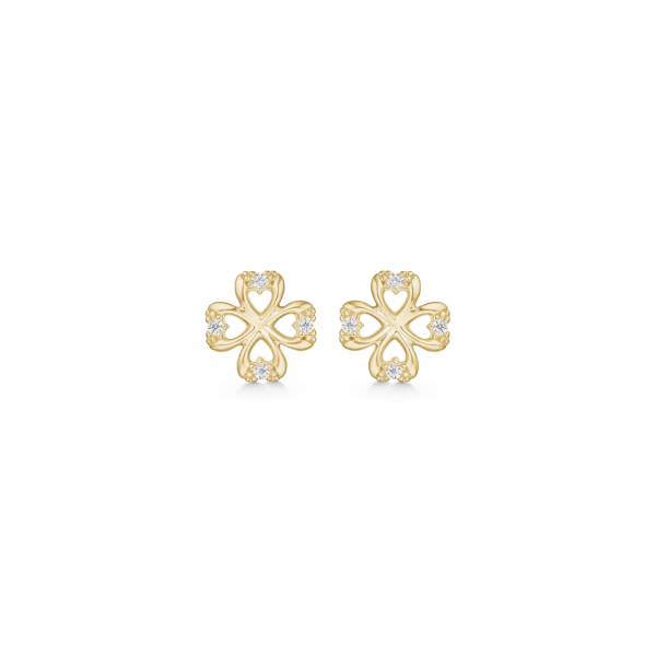 8kt. goldene Ohrstecker Blume aus 4 Herzen mit facettierten Zirkonia. "Blume der Herzen"