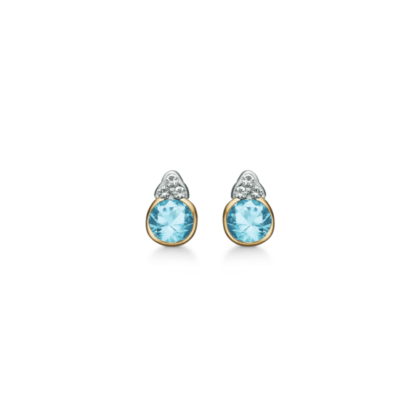 8kt. Goldohrstecker 1 Kreis aus Gold mit blauem Topas innen und 3 weißen Topasen auf beiden Seiten in Rhodium