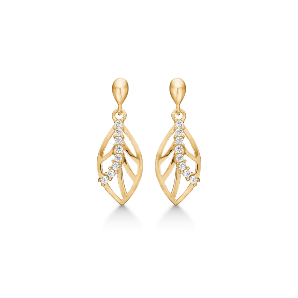 Goldene hängende Ohrringe Blattmotiv, mit weißen Edelsteinen. 16,96 x 5,33 mm.