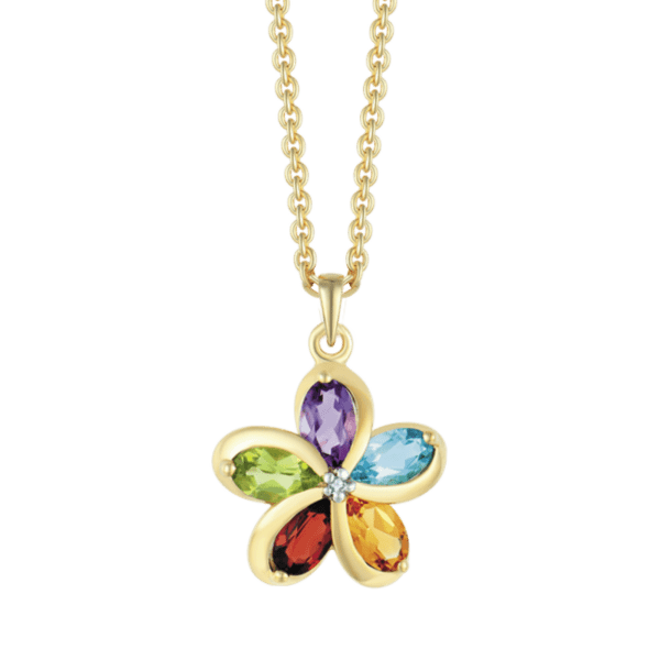 Halskette Blume aus 8 kt Gold mit Amethyst, blauem Topas, Citrin, Granat, Peridot und Zirkonia