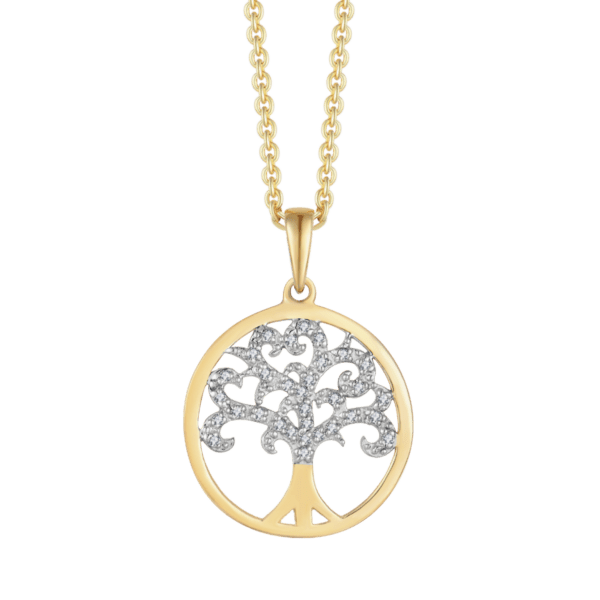 Lebensbaum Kette 8 Karat Gold, in einem Kreis mit synthetischen Cubic Zirkonia-Steinen