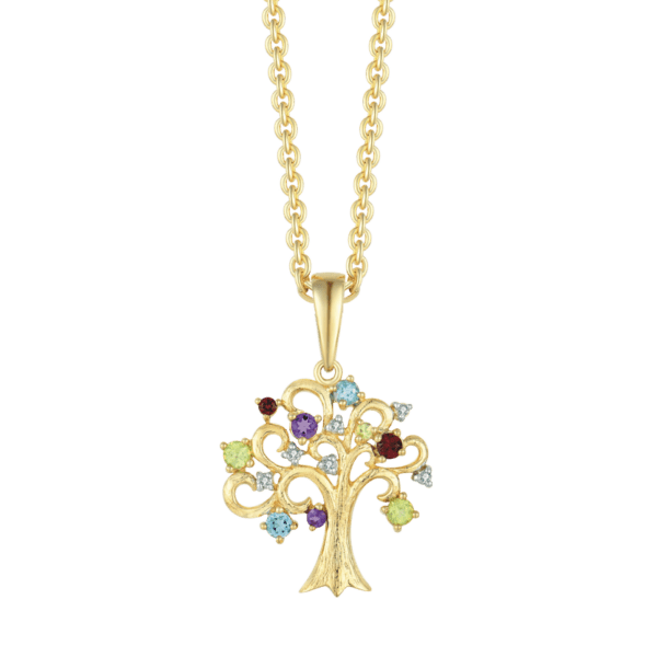 Lebensbaum Kette 8 Karat Gold mit Peridot, blauem Topas, Amertyst, Granat und Zirkonia-Steinen