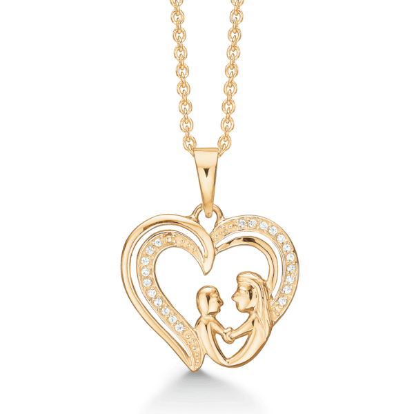 Mutter-Kind-Halskette mit Herz, 8 Karat Gold mit Zirkonia-Steinen