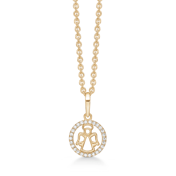 8kt. Goldkettenkreis mit Engeln und facettiertem Zirkonia am Rand.