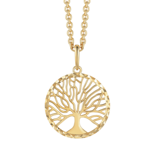 Lebensbaum Kette 8 Karat Gold, im Kreis mit gezacktem Rand. Misst 15,85 mm im Durchmesser