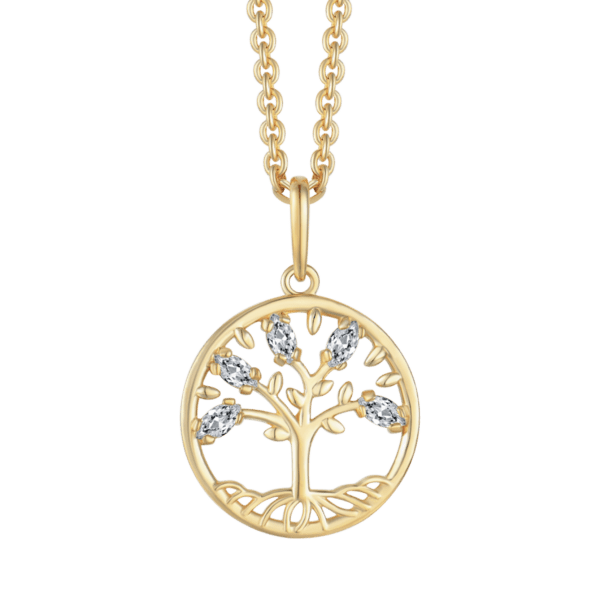 Lebensbaum Kette 8 Karat Gold mit Zirkonia. Misst 13,8 mm im Durchmesser