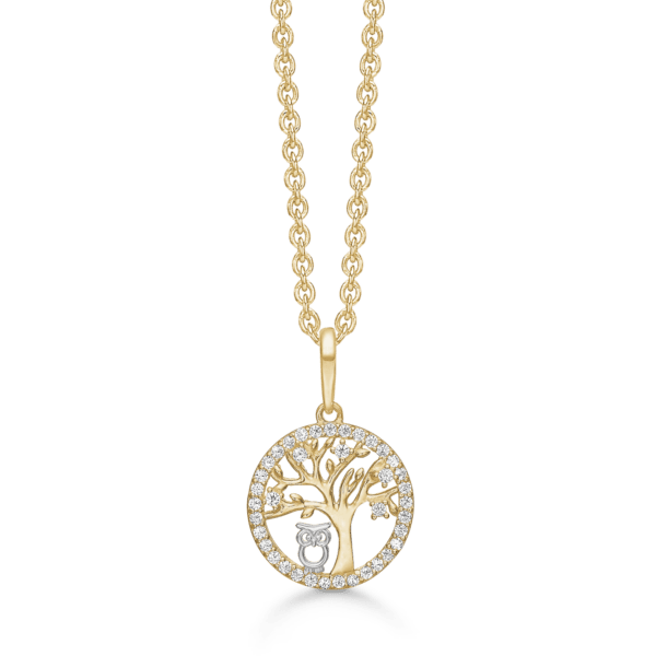Støring Lebensbaumkette aus 8 Karat Gold mit Eule und Zirkoniasteinen - 42-45 cm