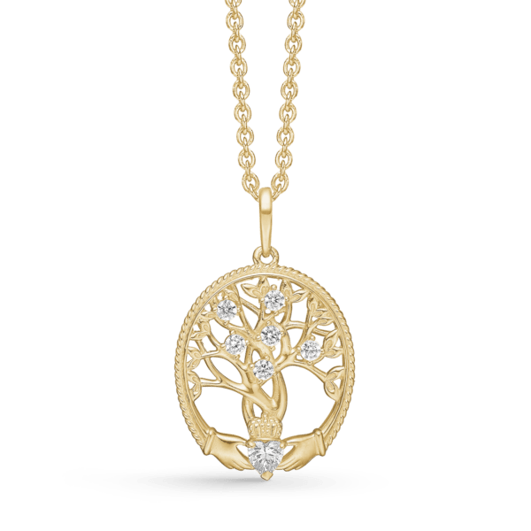 Arkandi Lebensbaum/Hände Collier in 8 Karat Gold, mit Zirkonia Steinen 42-45 cm