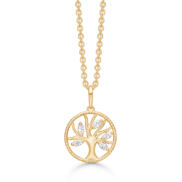 Lebensbaum Kette 8 Karat Gold, mit 5 Blättern aus facettierten Zirkonia-Steinen